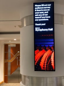 A banner at Symphony Hall Birmingham, telling audiences about the Measuring Audience Demographics survey