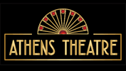 Athens Theatre logo with gold letters on black, beneath an art deco semi circle resembling stained glass
