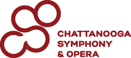 Chattanooga Symphony & Opera logo, illustrated with stylized initials in dark red