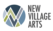 New Village Arts logo, a circle containing angular shapes in blues and grays, reminiscent of mountains and of the organization's initials