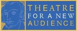Theatre for a New Audience logo, yellow and white on a blue background with an illustration of an artistic man, perhaps a playwright