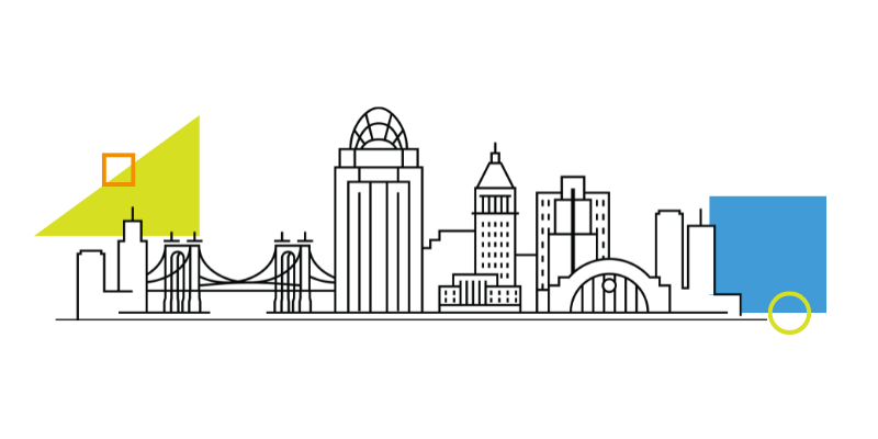 An outline of Cincinnati landmarks with colorful shapes.