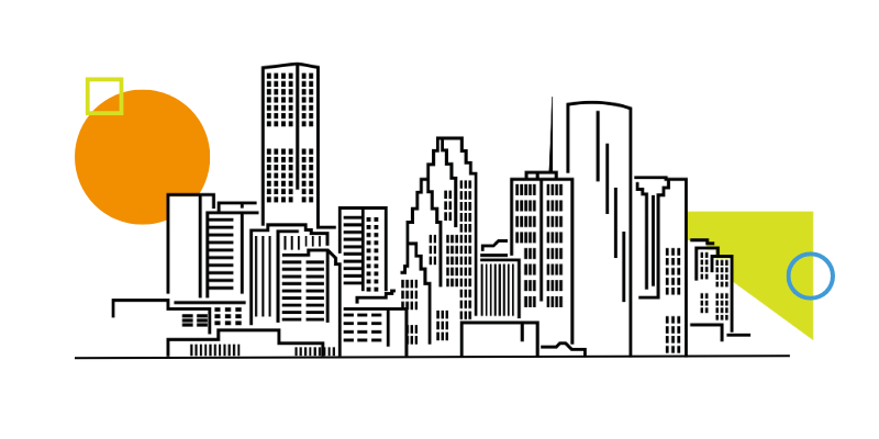 An outline of Houston landmarks with colorful shapes.