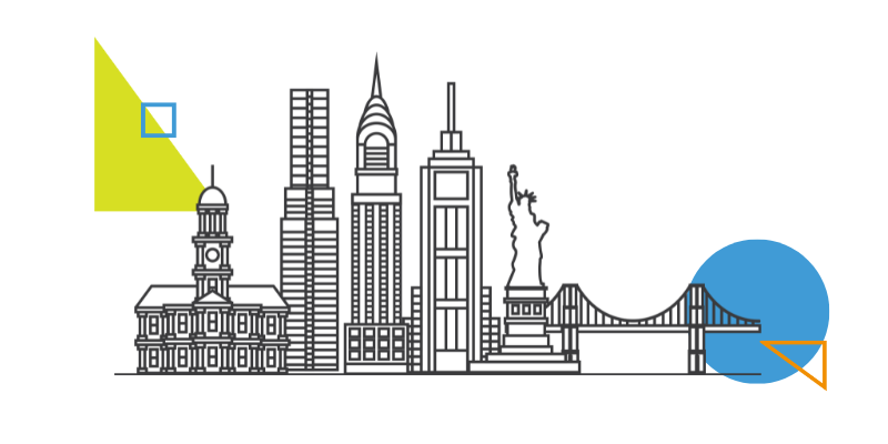 An outline of New York landmarks with colorful shapes.