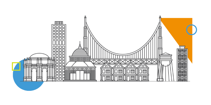 An outline of San Francisco landmarks with colorful shapes.