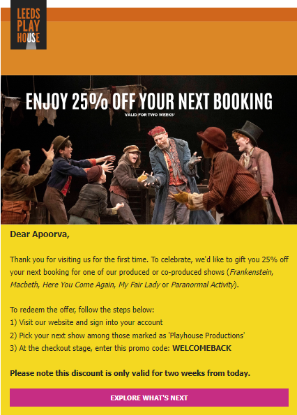 Screenshot of an email from Leeds Playhouse, offering a limited-time discount code for first time visitors to the theatre