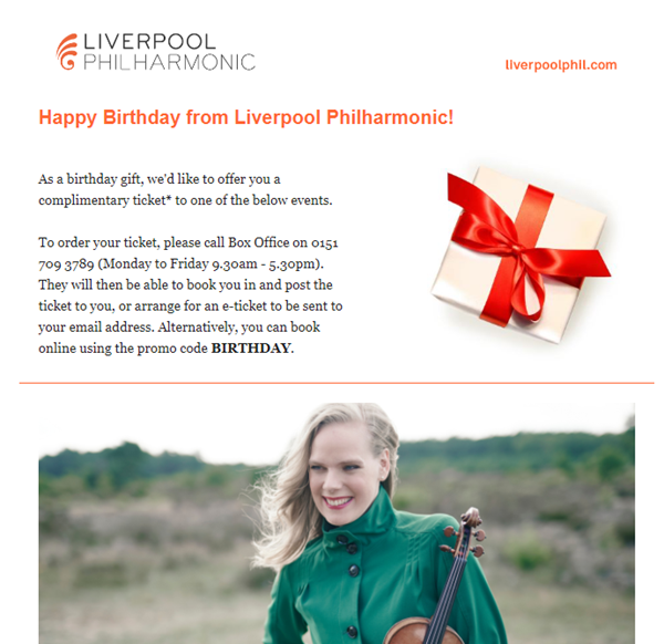 Screenshot of a 'Happy Birthday from Liverpool Philharmonic' email campaign, offering discounted tickets as a birthday gift.