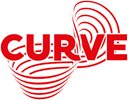Curve logo, with the theatre name in front of an infinity symbol in red