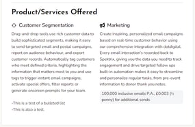A screenshot from the Spektrix Partner Directory showing services listed in the Product section