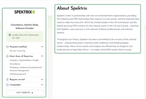 A screenshot of the Spektrix Partner Directory with sections from the partner information fields highlighted