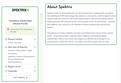 A screenshot of the Spektrix Partner Directory with sections from the partner information fields highlighted