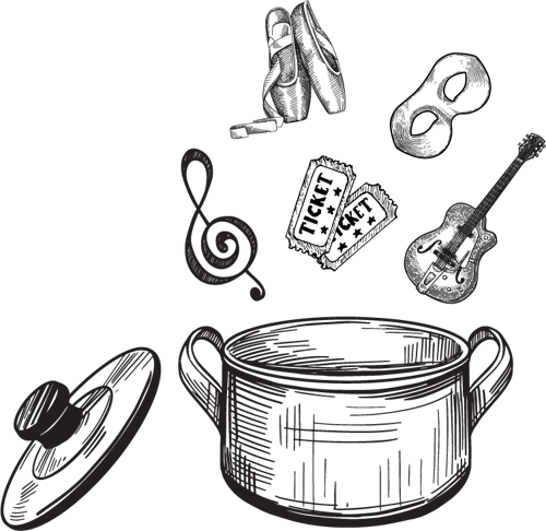 a pot with different symbols of the arts falling into it including a music note, tickets, and a guitar