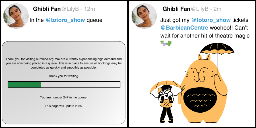 Two example tweets from a successful onsale queue, showing a customer progressing through the line and getting the hot tickets