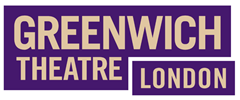 Greenwich Theatre London logo, with gold lettering on a purple rectangle