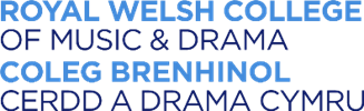 Logo showing the name Royal Welsh College of Music & Drama or Coleg Brenhinol Cerdd a Drama Cymru