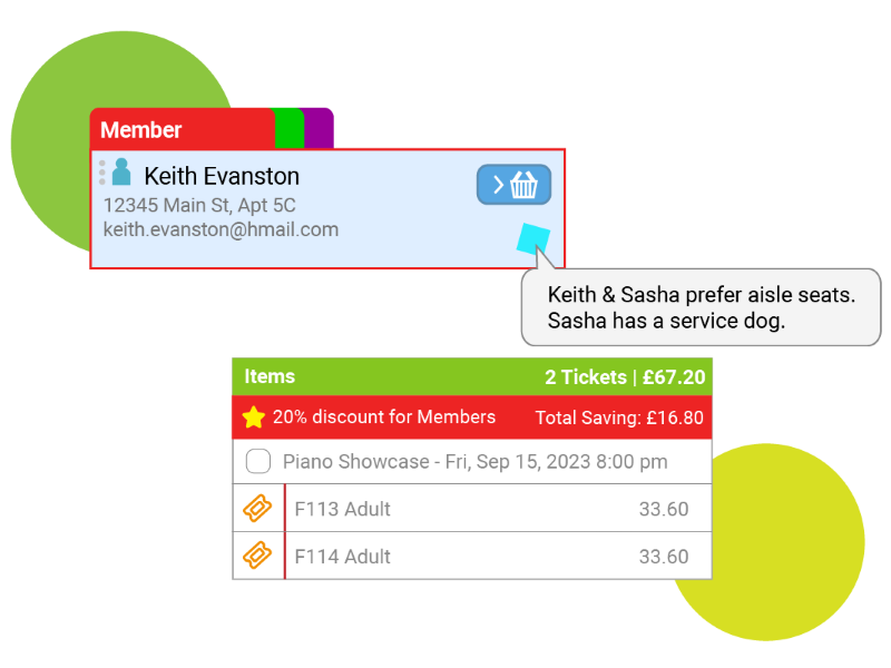 Profile showing 20% membership discount and preference for aisle and service dog