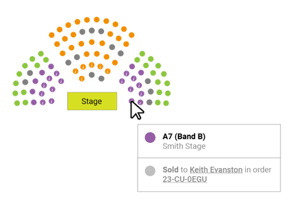 Thrust stage seating plan with two aisles and three price bands, pointer indicating purchased seat