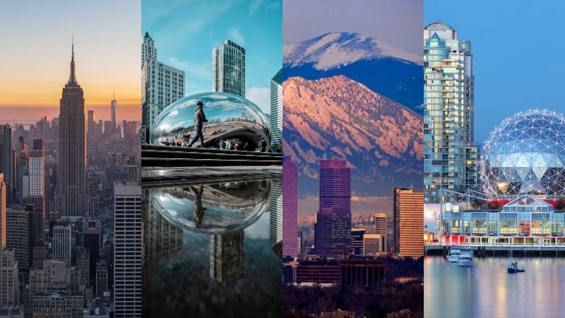 Grid collage of cityscapes featuring New York, Chicago, Denver, and Vancouver