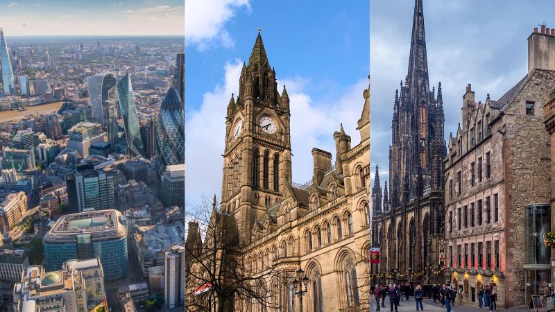 Grid collage of cityscapes featuring London, Manchester, and Edinburgh